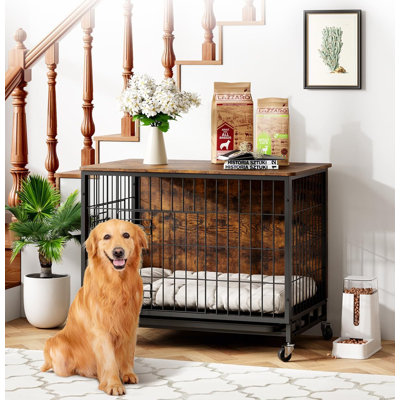Mobilier de cage pour chien, chenil pour chien à deux portes d'intérieur avec plateau et roues amovibles