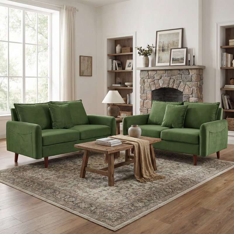 2 - Piece Velvet Living Room Sofa Set, Army Green