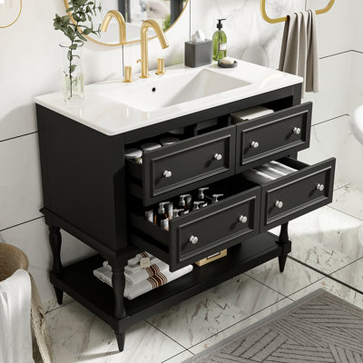 36" Bathroom Vanity Cabinet With Sink Combo Set, Undermount Ceramic Sink, Free Standing Vanity Set With 4 Drawers, Solid Wood Frame Bathroom Cabinet, Black