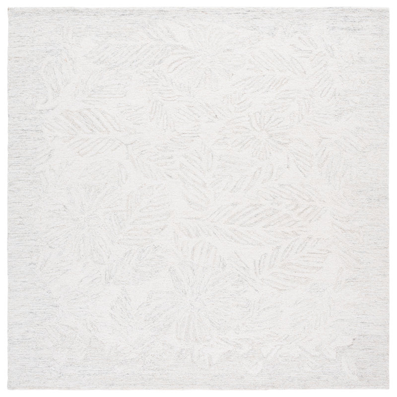 Pine 116 Hand Tufted Wool/Viscose Floral Rug in Light Gray/Ivory, Square 6'