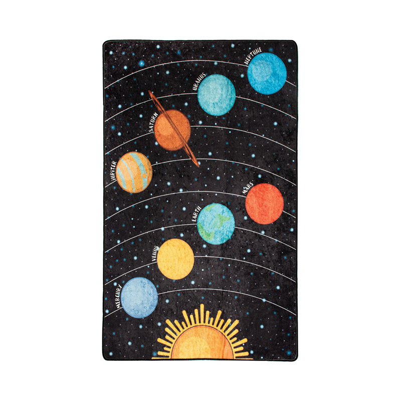 Tapis rectangulaire noir / bleu / orange en velours tissé à la machine Cino, Rectangle 4 pi 7 po x 6 pi 3 po