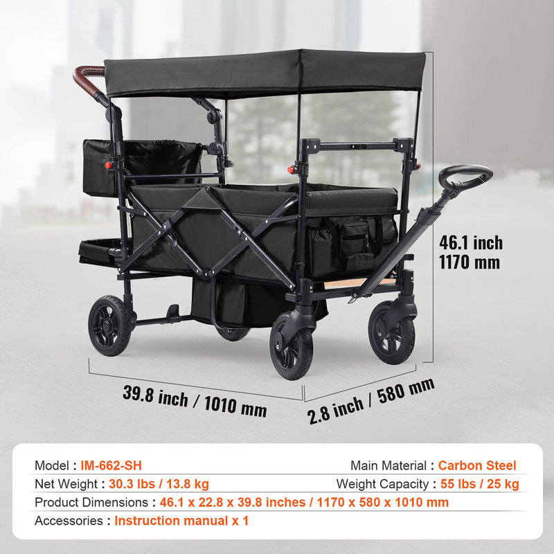 Poussette Wagon pour 2 enfants, poussette pliable quadruple avec poignée réglable, auvent amovible pour harnais, 4 roues avec freins, poussette tandem multifonctionnelle pour le camping