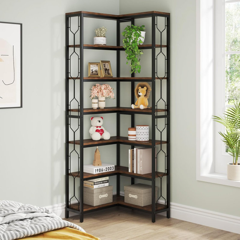 Bibliothèque d'angle à 7 niveaux avec étagère en bois et métal