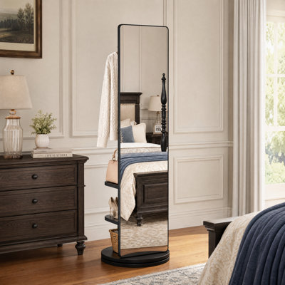 Miroir pleine longueur pivotant à 360° de 66 pouces, porte-manteau sur pied en bois massif avec crochets
