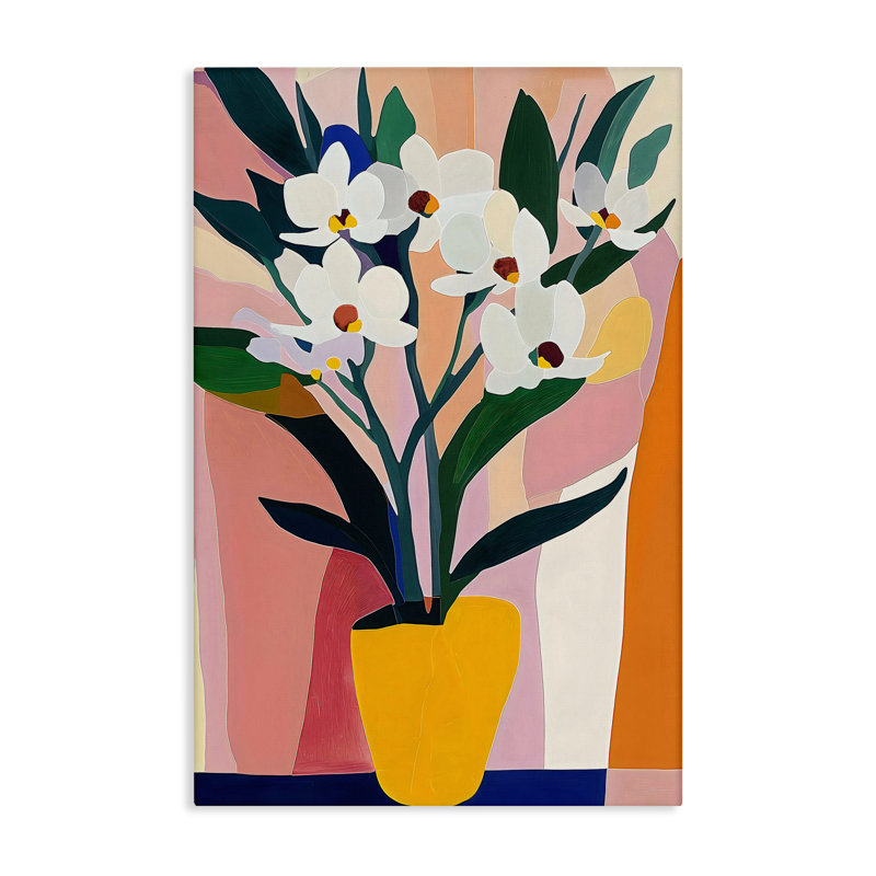 Vase jaune de grandes fleurs sur toile, design par Creative Studio, H 24 po x l 16 po