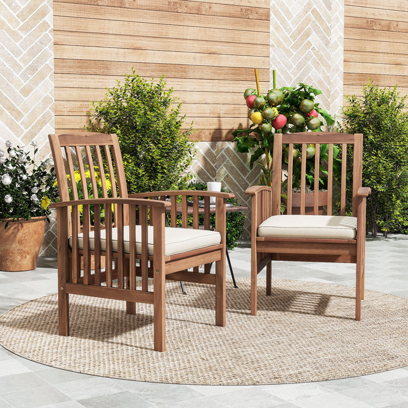 Chaises de salle à manger d'extérieur en bois rustique avec coussin résistant à l'eau et structure durable, Beige, Brun