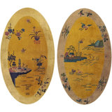 Pair of Antique Chinese Art Deco Yellow Scenic Oval Rugs