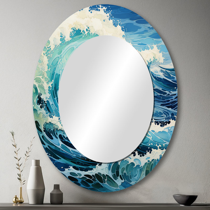 Coastal Waves Of Wonder VII - Waves Decorative Mirror, Coastal Wall Mirror, Printed Metal Art, 43" x 33", Oval