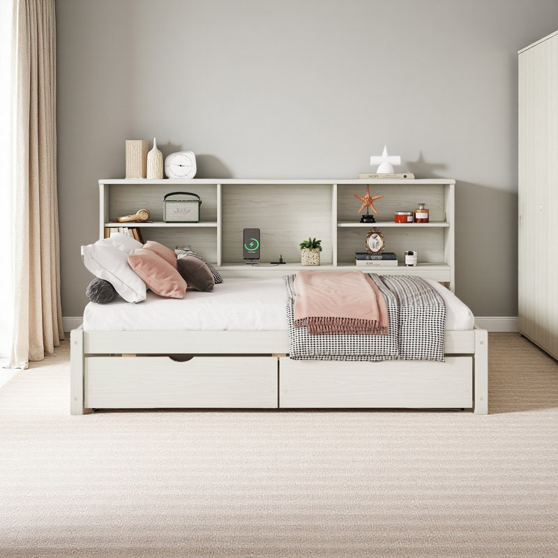 Structure de lit simple avec tablettes latérales, deux tiroirs et port USB intégré, Blanc crémeux