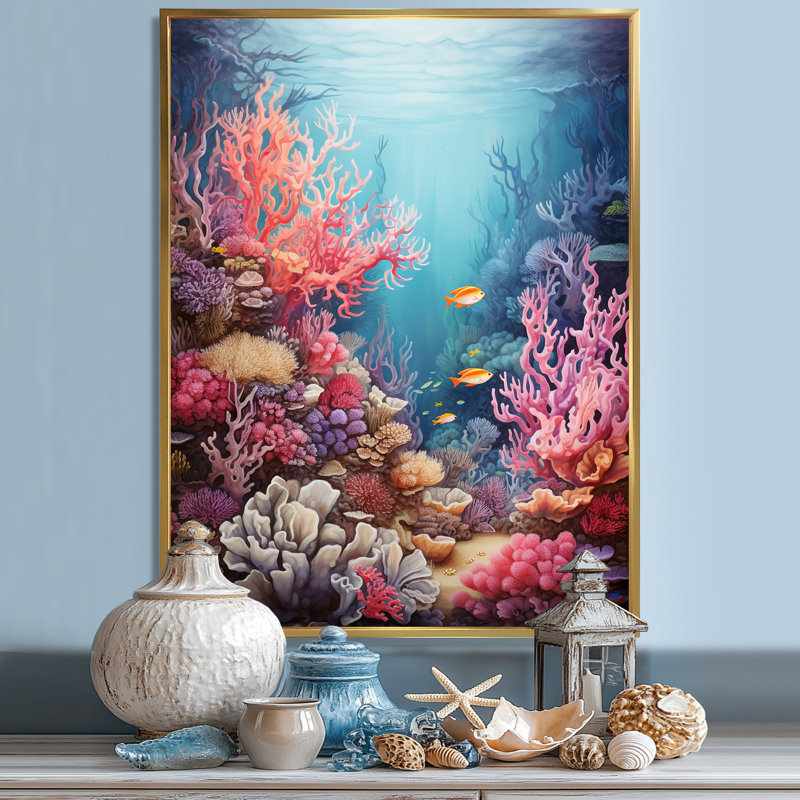«Pink and Blue Under Water» corail sur toile, H 20 po x l 12 po x P 1 po, Cadre flottant doré