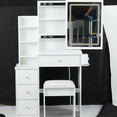 Small Left Bedside Dressing Cabinet With Stool, Extra-Large Touchscreen Led Mirror 3-Color Lights, 2 Ac + Outlets, Hairdryer Holder, White Vanity Table Large Touch Control Mirror, & Ports Socket,
