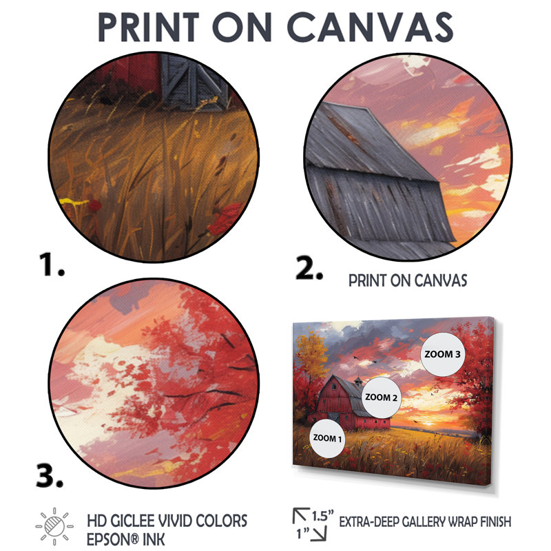 «Autumn Red Barn Breeze II» - reproduction d'art murale grange, Toile avec cadre flottant brun, H 28 po x l 60 po x P 1,5 po