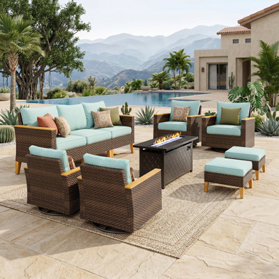 Outdoor Wicker Patio Conversation Furniture Set With Swivel Chairs And Firepit Table