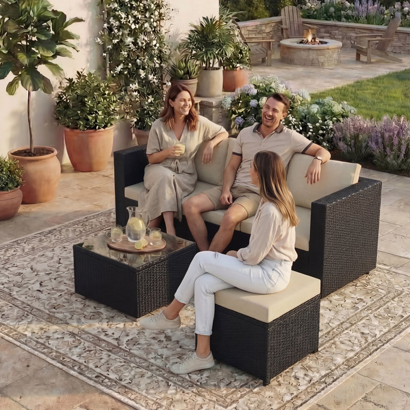 Kucharski Rattan 4 - Person Seating Group with Cushions, UKFR Certified, Black