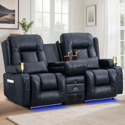 Power Reclining Sofa With Heat And Massage, Bluetooth Speakers And LED Lights, 3 Seater Dual Recliner Sofa With USB Ports And Cup Holders
