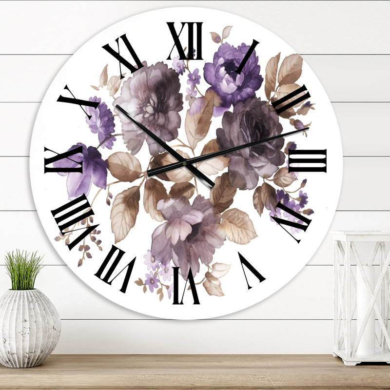 Horloge murale traditionnelle mauve à fleurs rétro avec feuilles brunes, Moyen