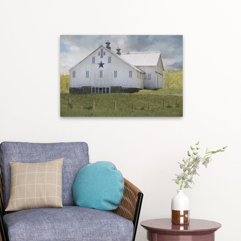 Country Charm Barn - Modern Farmhouse Vintage White Barn Blue Star, H 16 po x l 24 po