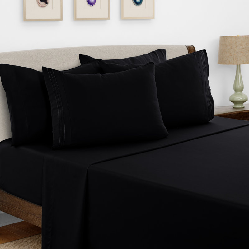 Ensemble de draps en microfibre 6 pièces Lux Decor, Ensemble de draps pour grand lit + 1 drap-housse +, Noir