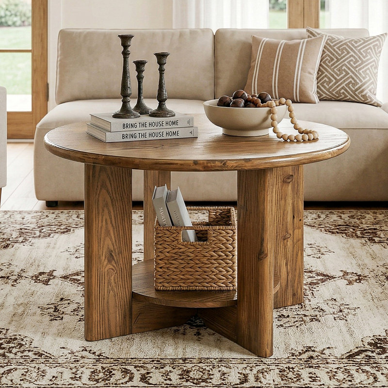 Solid Wood Floor Shelf Coffee Table with Storage