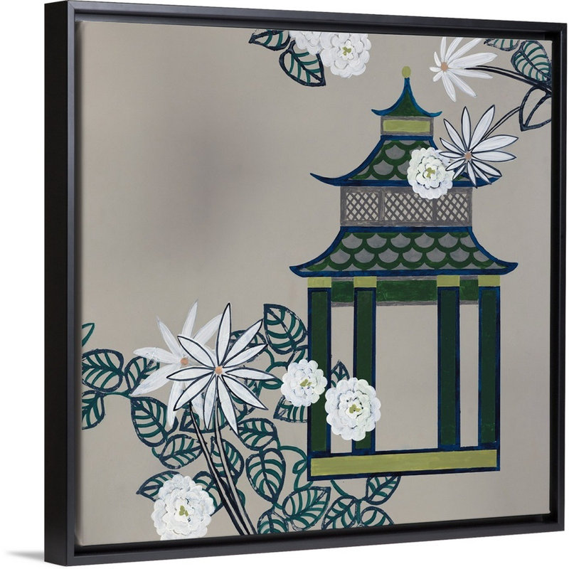 « pagode i », peinture sur toile, H 31,7 po x l 31,7 po x p 1,75 po, Cadre flottant noir