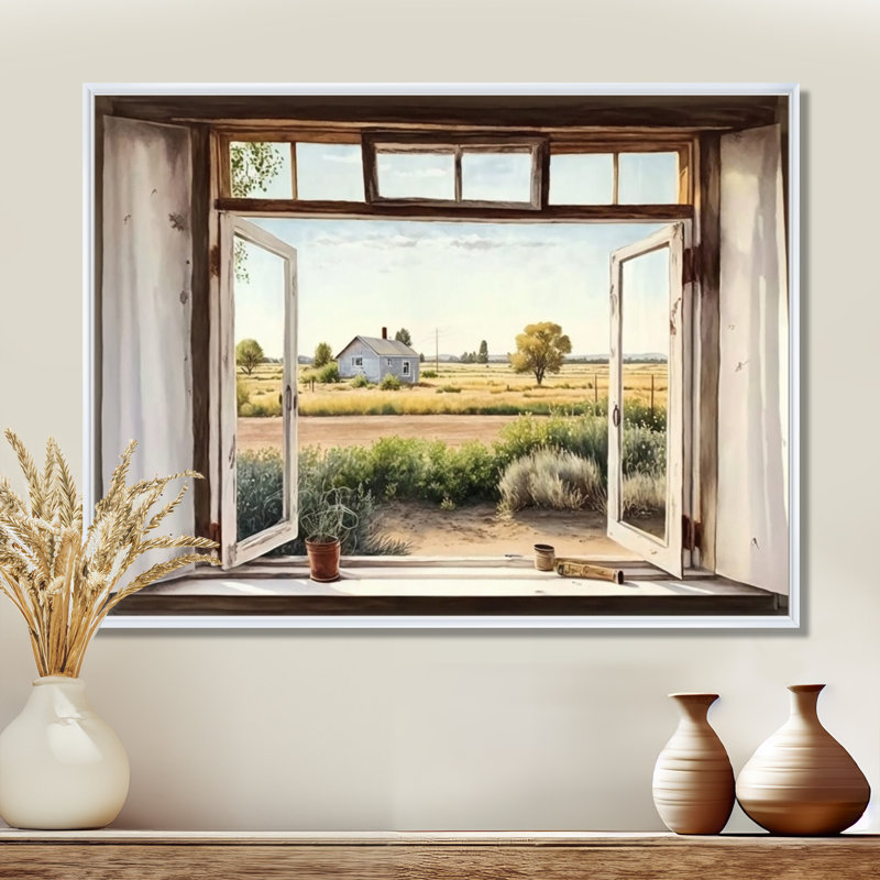 «Window to Landscape Views I - Farm Landscape», art mural, H 12 po x l 20 po x P 1 po, Cadre flottant blanc