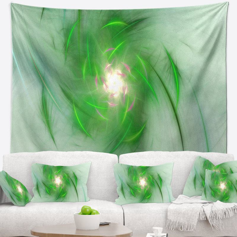 Tapisserie tourbillon abstrait vert sur blanc, H 78 po x l 92 po