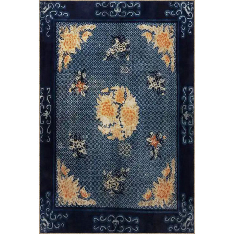 Tapis bleu lavable décoratif à motif floral traditionnel bleu, Tapis de couloir 3 pi 3 po x 6 pi 7 po inclus