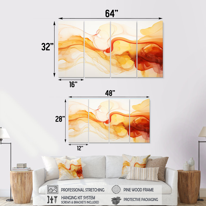 Ensemble de 4 décorations murales abstraites à l'encre liquide jaune et orange, H 32 po x l 64 po