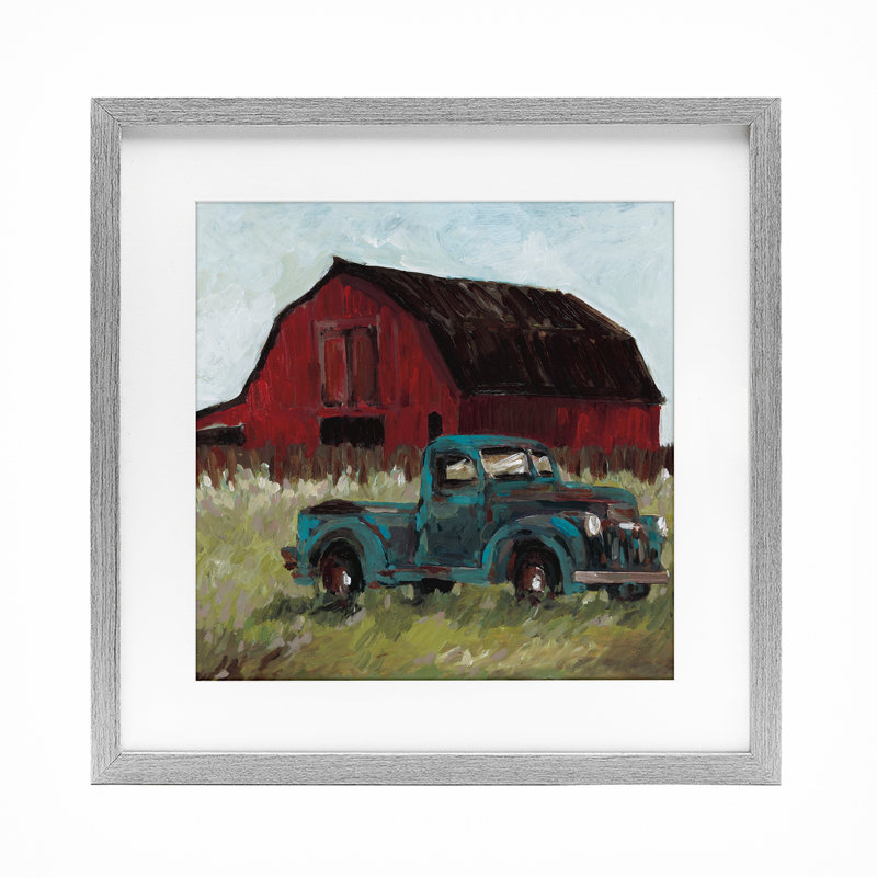Camion et grange rouge, reproduction encadrée sous verre, conception de Wani Pasion, H 16 po x l 16 po, Cadre de ferme gris