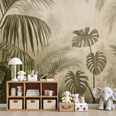 Papier peint auto-adhésif avec feuilles de palmier tropicales Monstera, art mural rétro botanique, tons neutres, H 69 po x l 96 po, papier peint amovible en PVC, adhésif pour chambre à coucher, bureau à domicile