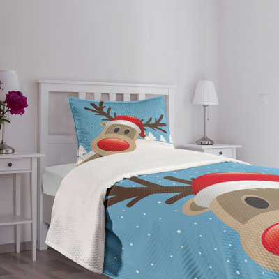 Ambesonne Christmas Bedspread Set 2 Pcs Reindeer Rudolph Hat Twin Pale Blue Red Pale Brown -  bed_39740_twin