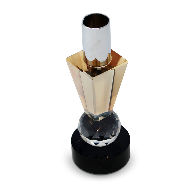 6" Silver Amber Clear And Black Faceted Crystal Tabletop Taper Candlestick
