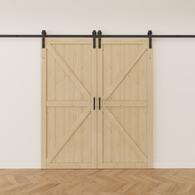 Porte de grange coulissante à panneau double en bois de sapin massif l 96 po x H 84 po avec quincaillerie d'installation
