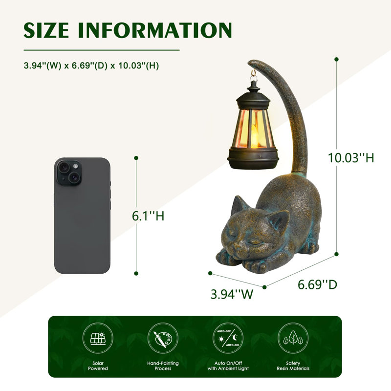 Statue de chat à énergie solaire avec lanterne - lumière de décoration de jardin extérieur, veilleuse mignonne en forme d'animal pour la cour