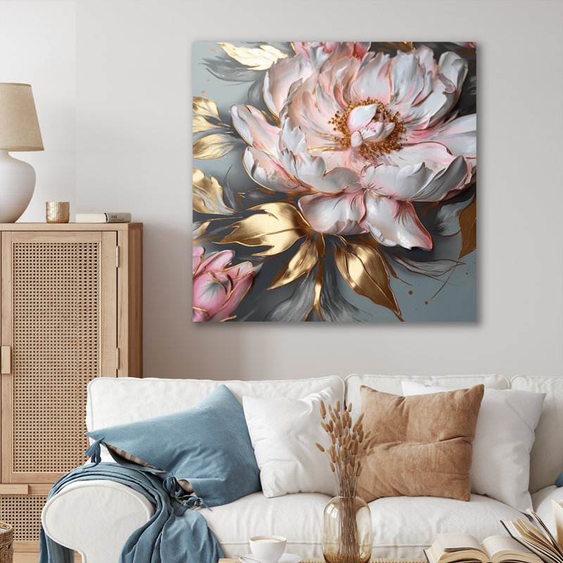 " Pink Gray Peonies Elegance IV ", 16" H x 16" W x 1" D, Wrapped Canvas