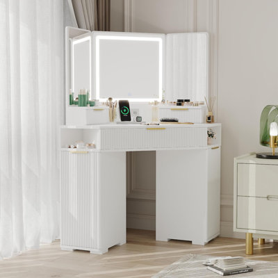 Corner Vanity Desk, Vanity Table with Lighted Mirror, Fluted Makeup Desk with Drawers and Cabinets, Corner Dressing Table with Charging Station for Bedroom