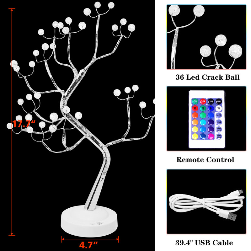 36 LED RGB Colour Changing Bonsai Light Fairy Tree Lamp USB Battery Operated Remote Control 16 Colour DIY Branches Artificial Tree With Timer(Crack Ball)