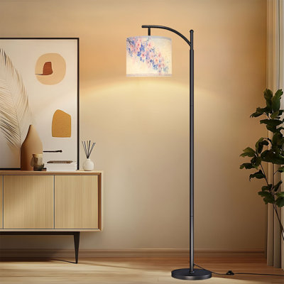 Arc Floor Lamp with Adjustable Lampshade Cherry Blossom Branch Pink Purple Flowers Summer Decor Standing Lamp 3 Color Temperatures Dimmable Tall Pole Lamp with Foot Switch for Bedroom