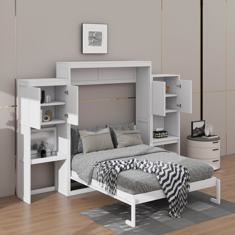 Grand lit escamotable avec bureau intégré, coiffeuse et armoires de rangement, Blanc