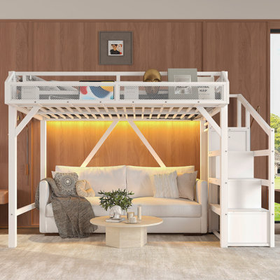 Lit mezzanine simple TG avec escalier de rangement, tablettes et garde-robe intégrée, cadre de lit mezzanine en métal avec ports USB et lumières DEL, conception à bruit réduit, blanc