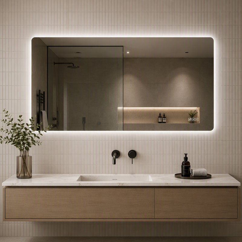Miroir de salle de bain rectangulaire arrondi de 122 x 61 cm (48 x 24 pouces) avec éclairage DEL rétroéclairé, 3 couleurs à intensité variable, fonction antibuée et mémoire, fixation murale horizontale ou verticale, double alimentation (câblée et sur secteur).