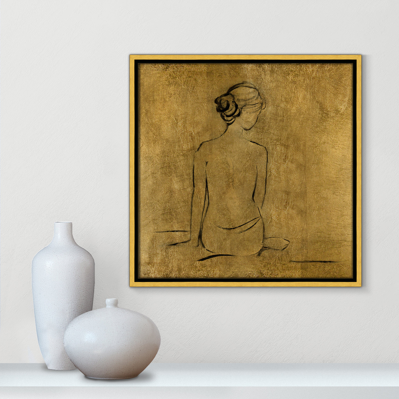 Maia "Golden Bather I" Print by Sally Swatland, 17.5" H x 17.5" W x 2" D, Gold Framed Canvas