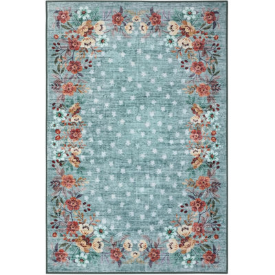 Tapis d'entrée vert floral, tapis lavable antidérapant à poils courts pour la cuisine de la chambre à coucher