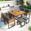Ensemble de salle à manger 9 pièces pour patio en bois d'acacia, ensemble de patio extérieur peu encombrant, 4 chaises rembourrées, 4 repose-pieds et 1 table carrée, pour la cour, le jardin, la terrasse et le canapé, gris