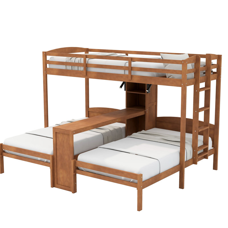 Lit superposé avec bureau intégré et tablettes de rangement, lampe de lecture, 3 lits en 1, Naturel