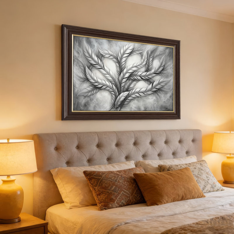 Art mural antique sur toile encadré doré pour le salon, la chambre à coucher, le bureau ou le vestibule - Décoration murale décorative avec arbre en plumes