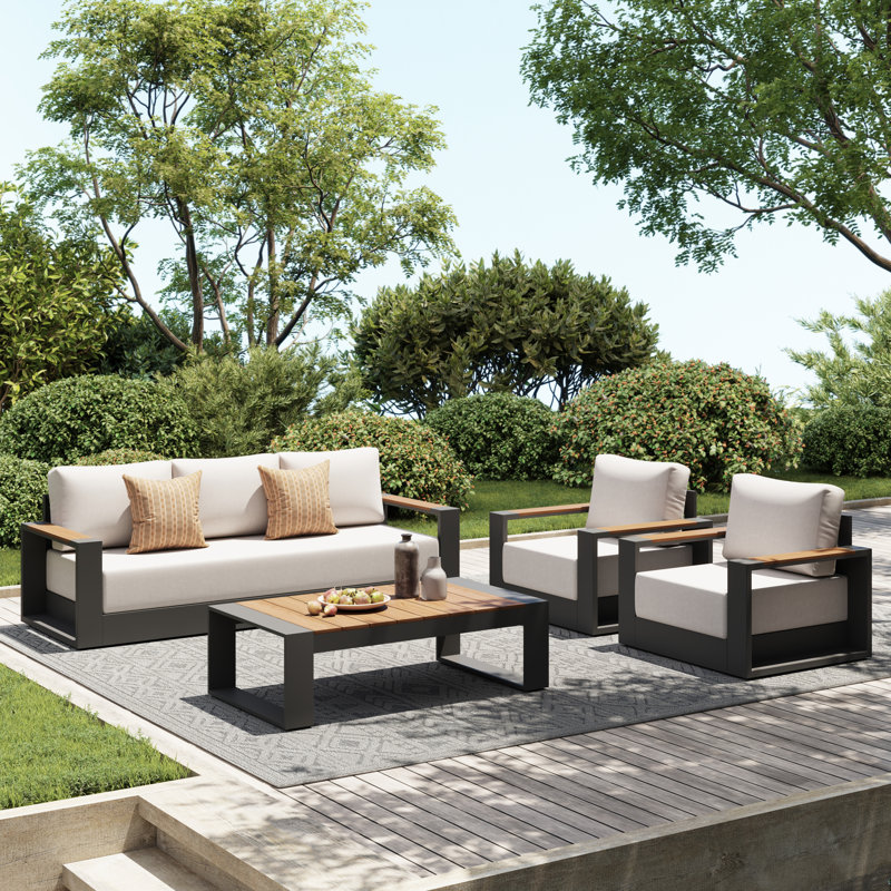 Ensemble de conversation avec coussins, Ensemble de 4 pièces : table, canapé, 2 chaises, Chaise avec accoudoirs, Gris