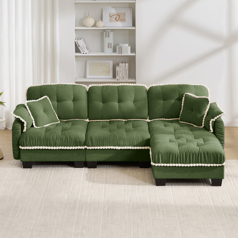 Canapé en forme de L en chenille avec 4 coussins, repose-pieds mobile et garniture capitonnée matelassée de conception ergonomique, canapé à assise profonde facile à assembler pour le salon, le bureau, un appartement, vert