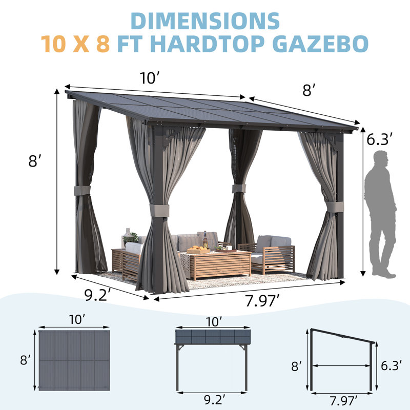 Wall-Mounted Lean To Pergola Gazebo With Curtains And Netting, 96" H x 121" W x 96" D
