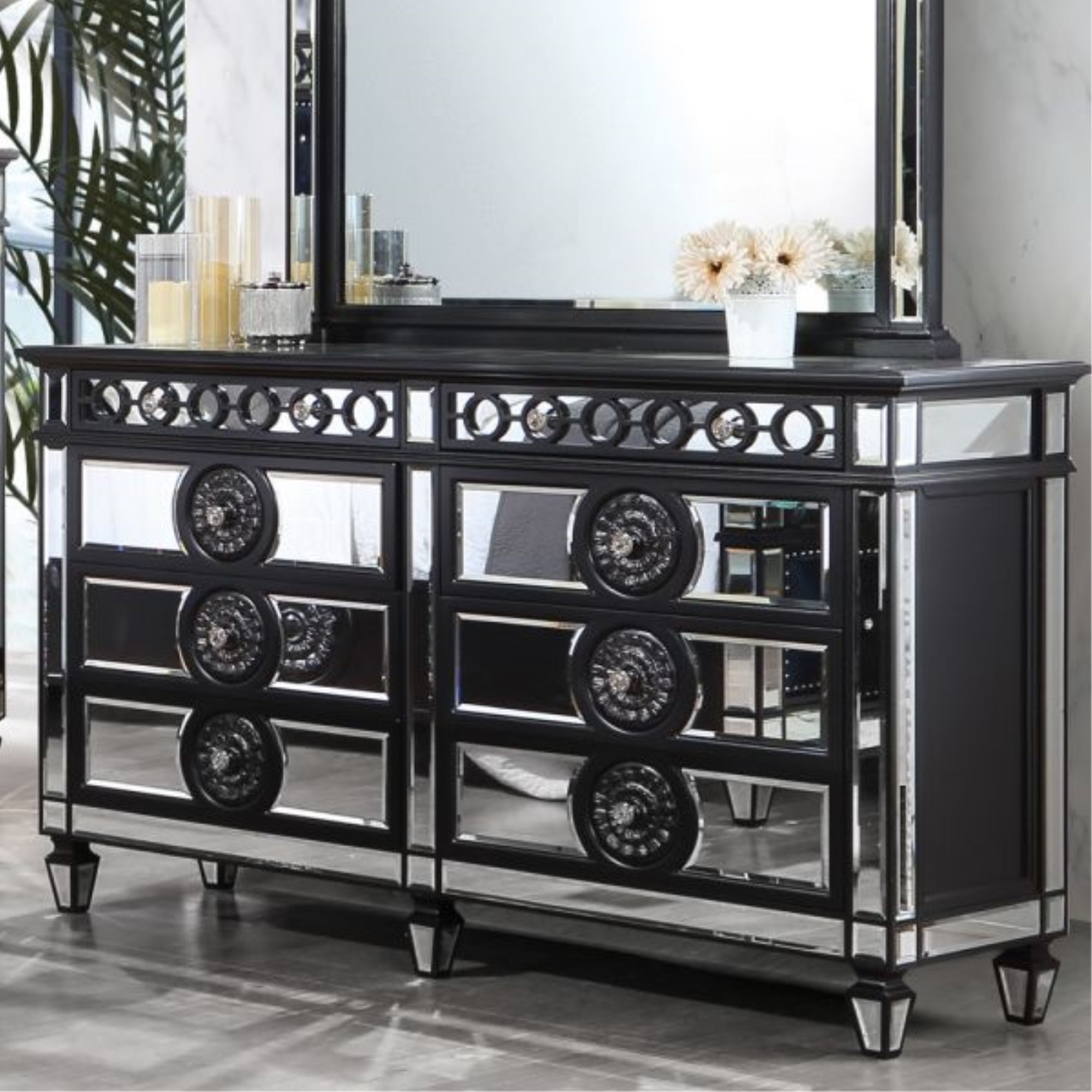 Black and silver dresser with deals mirror